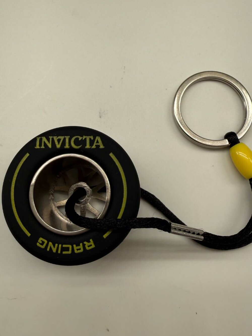 New Invicta Racing Wheel BLK Tire Metal Chrome Rim Yellow Print Key Chain NWT - Picture 3 of 4